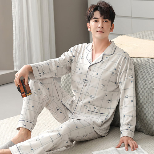 100％纯棉男士长袖翻领开衫睡衣