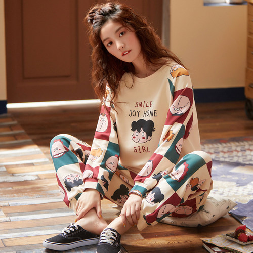 100％纯棉女春秋季长袖长裤睡衣