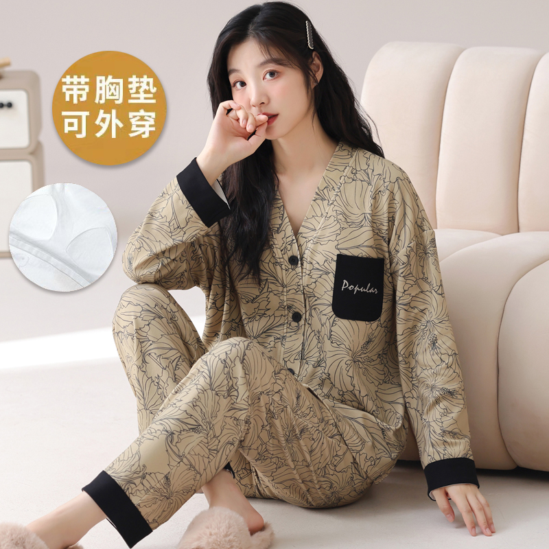 100％纯棉带胸垫一体式长袖睡衣