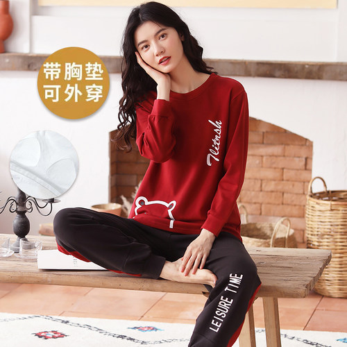 100％纯棉带胸垫一体式长袖睡衣