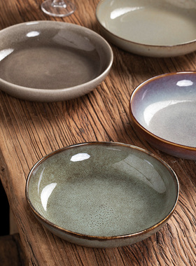 紫色窑变复古风格不规则陶瓷菜碗面碗餐厅摆盘深盘面碗水果沙拉碗