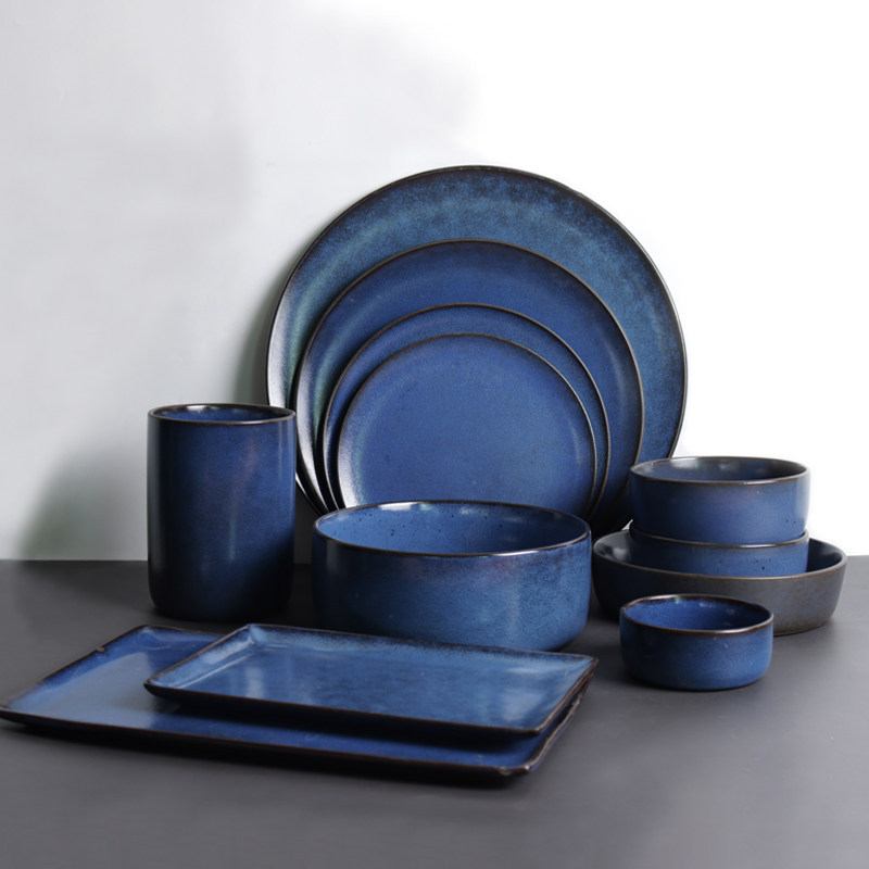 蓝色陶瓷餐具北欧风格西餐牛排盘寿司盘饭碗汤面碗沙拉碗面碗笔筒