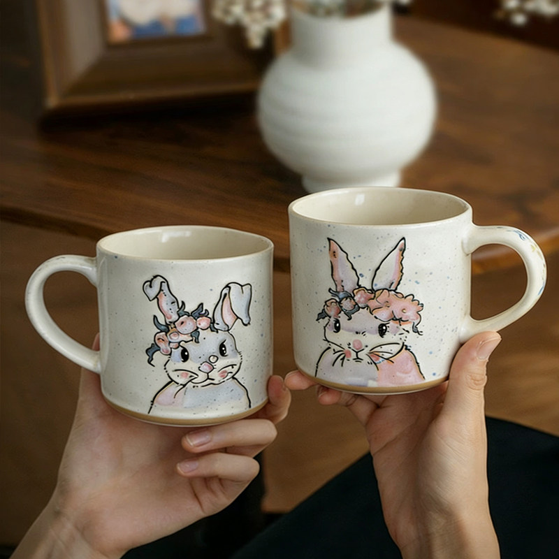 可爱卡通粗底兔子陶瓷马克杯咖啡杯办公室水杯创意杯子釉下彩情侣