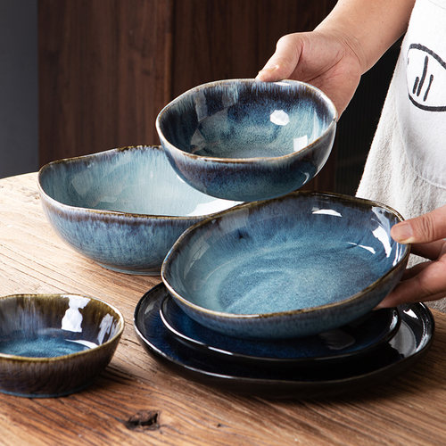 复古风蓝色窑变陶瓷不规则9.5英寸大汤碗沙拉碗甜品碗菜碗大盘子