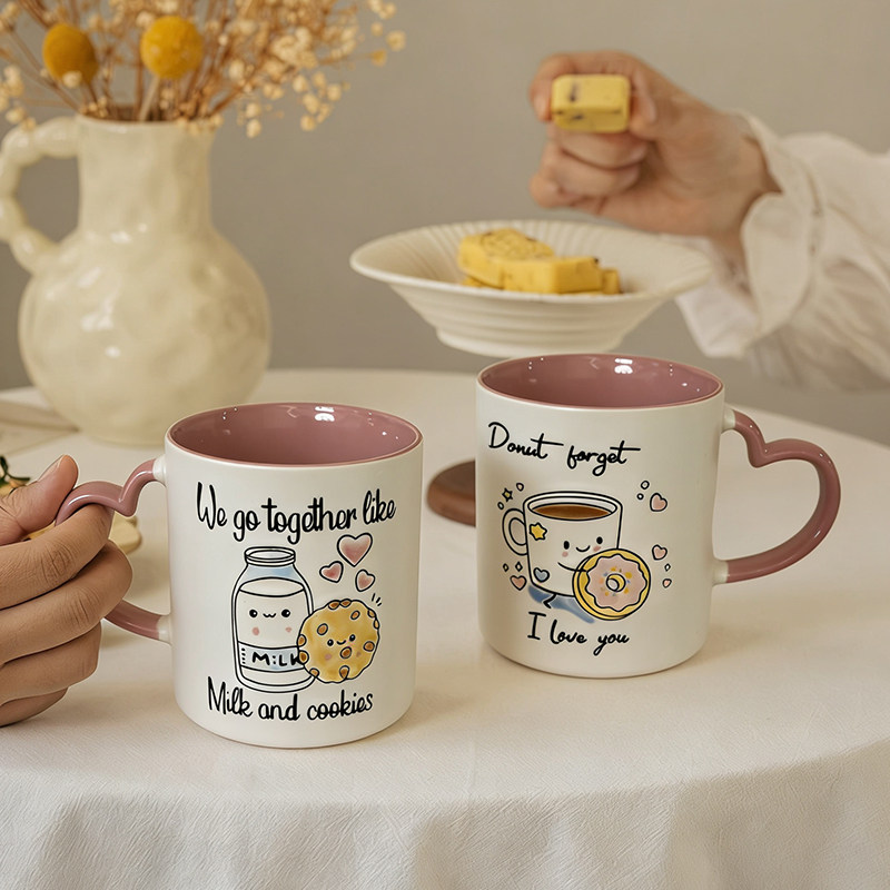 卡通可爱马克杯陶瓷心形把手甜甜圈牛奶马克杯咖啡杯650ml釉下彩