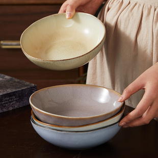 个性复古陶瓷日式窑变7.25英寸沙拉碗饭馆深菜碗拉面碗水果碗微瑕