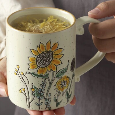 复古风向日葵陶瓷马克杯家用咖啡杯办公室喝水杯子情侣对杯早餐杯