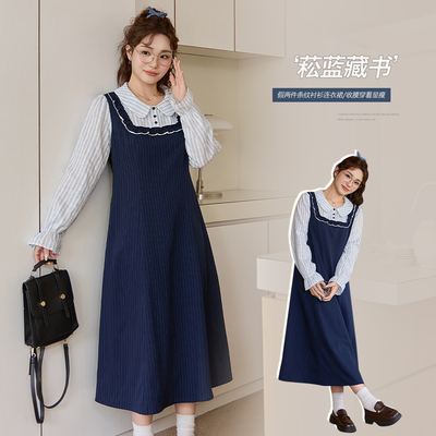小波家2026春季胖m减龄娃娃领条纹宽松显瘦学院风连衣裙