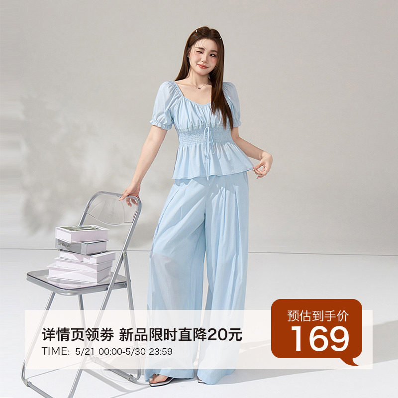 胖mm时髦高智感显瘦套装简约收腰小衫松紧高腰宽松阔腿裤两件套女