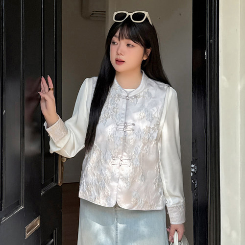 小波家2026秋季胖mm新中式国风提花马甲显瘦衬衣两件套