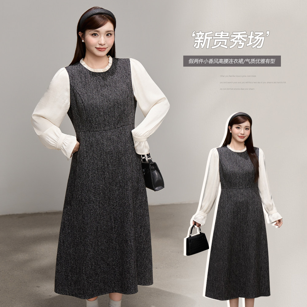 小波家2025冬季胖mm小香风气质高腰连衣裙遮肉显瘦裙