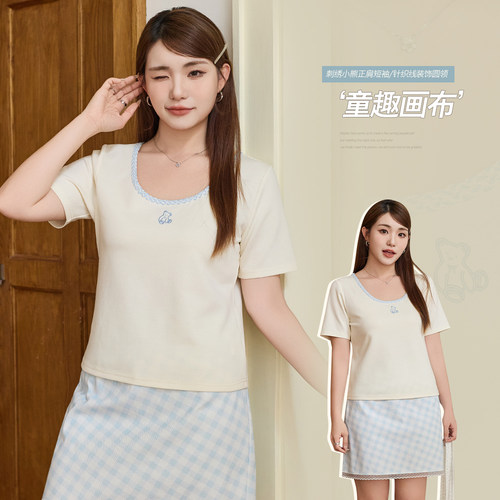小波家2026夏季胖mm韩系撞色刺绣拼接正肩圆领短袖T恤