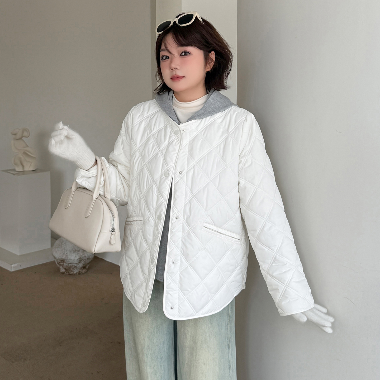 12.2日新品小波家2025冬季胖mm可拆帽子菱格夹棉棉服宽松保暖外套