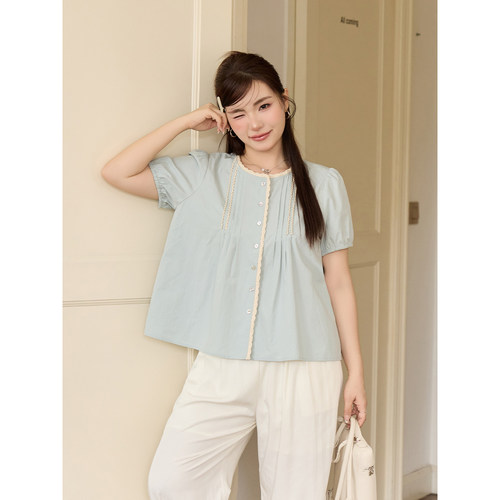 小波家2026夏季胖mm法式设计感小众蕾丝边短袖衬衫上衣