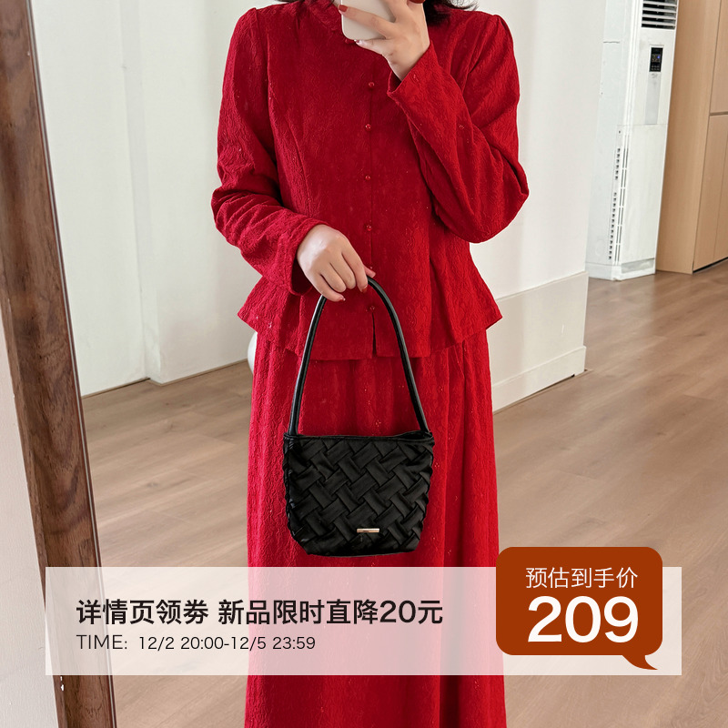 12.2日新品小波家2025冬季胖mm新中式订婚礼服套装裙子红色敬酒服