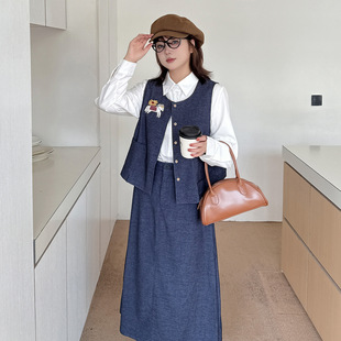 小波家2026春季胖mm日系减龄牛仔套装马甲半裙两件套