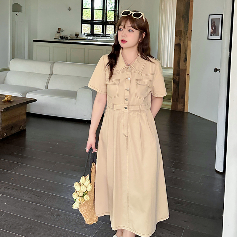 小波家2025夏季胖mm复古翻领气质连衣裙收腰中长裙