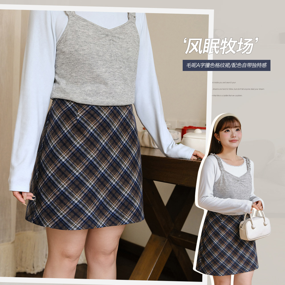 小波家2025冬季胖mm韩系格纹高腰A字遮肉毛呢半身裙,女装/女士精品,大码半身裙,淘宝优惠券,粉丝福利购,淘宝优惠卷