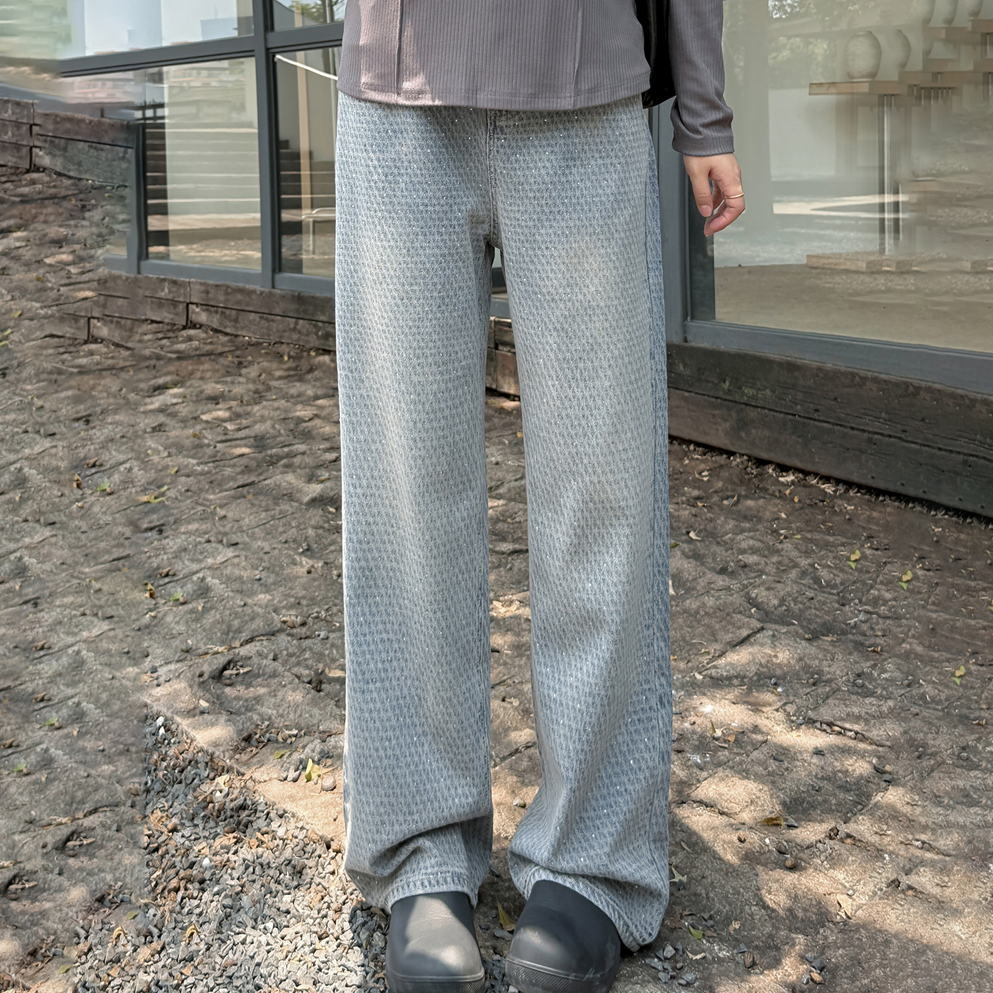 小波家2025秋季胖mm高腰气质简约烫钻牛仔裤菱格阔腿裤