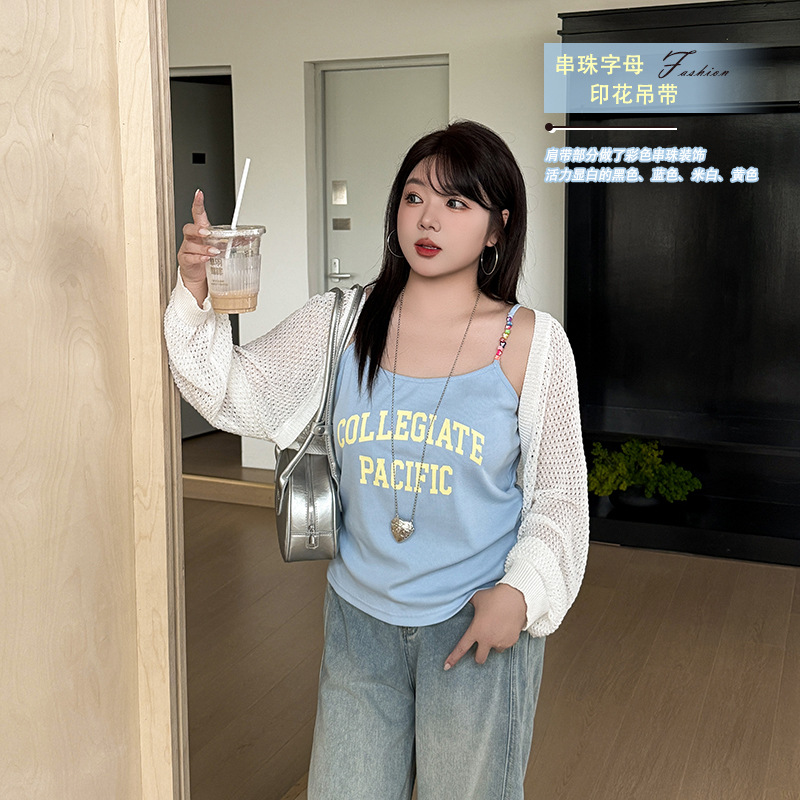 小波家2025秋季胖mm百搭串珠设计字母印花吊带内搭背心