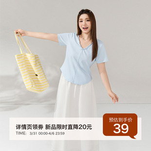 V领小清新时尚 3.31日新品 小波家大码 女装 T恤胖mm显瘦棉上衣女 短袖