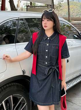 3.23日新品小波家2026夏季胖mm美式甜酷风绑带牛仔可配披肩连衣裙