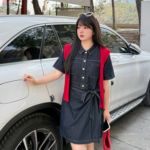 小波家2026夏季新品胖mm美式甜酷风绑带牛仔连衣裙200斤时髦女裙
