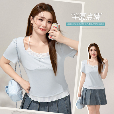 胖mm假两件波点挂脖短袖t恤女