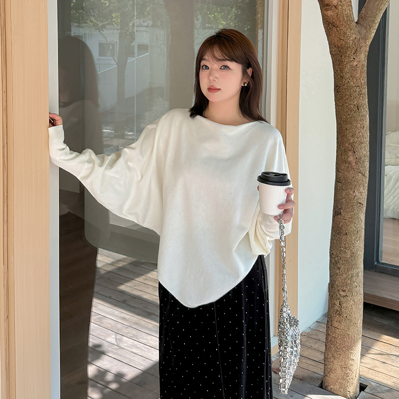 小波家2025秋季胖mm韩系慵懒蝙蝠袖长袖不规则针织衫