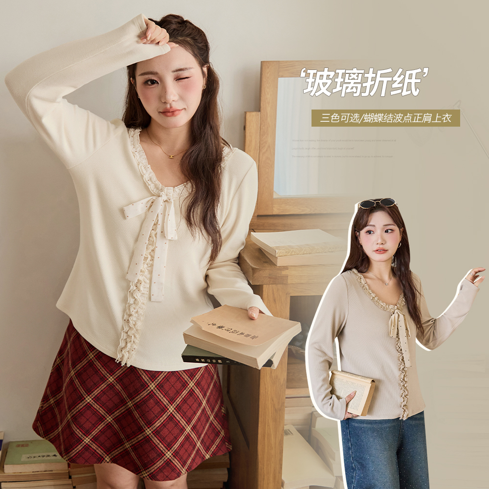 12.2日新品小波家2025冬季胖mm韩系正肩V领蝴蝶结波点显瘦上衣