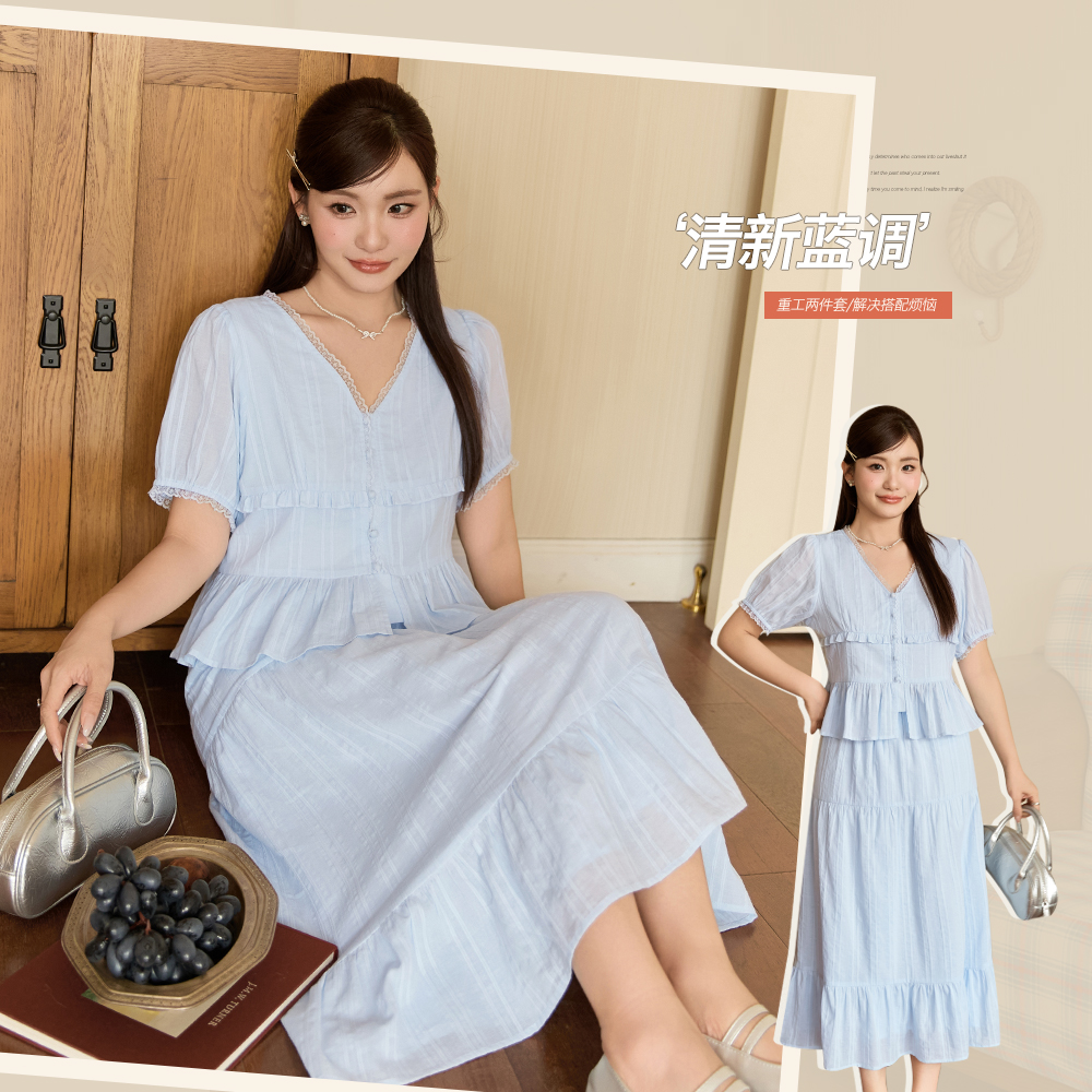 小波家2025夏季胖mm韩系重工蕾丝花边提花V领小衫上衣