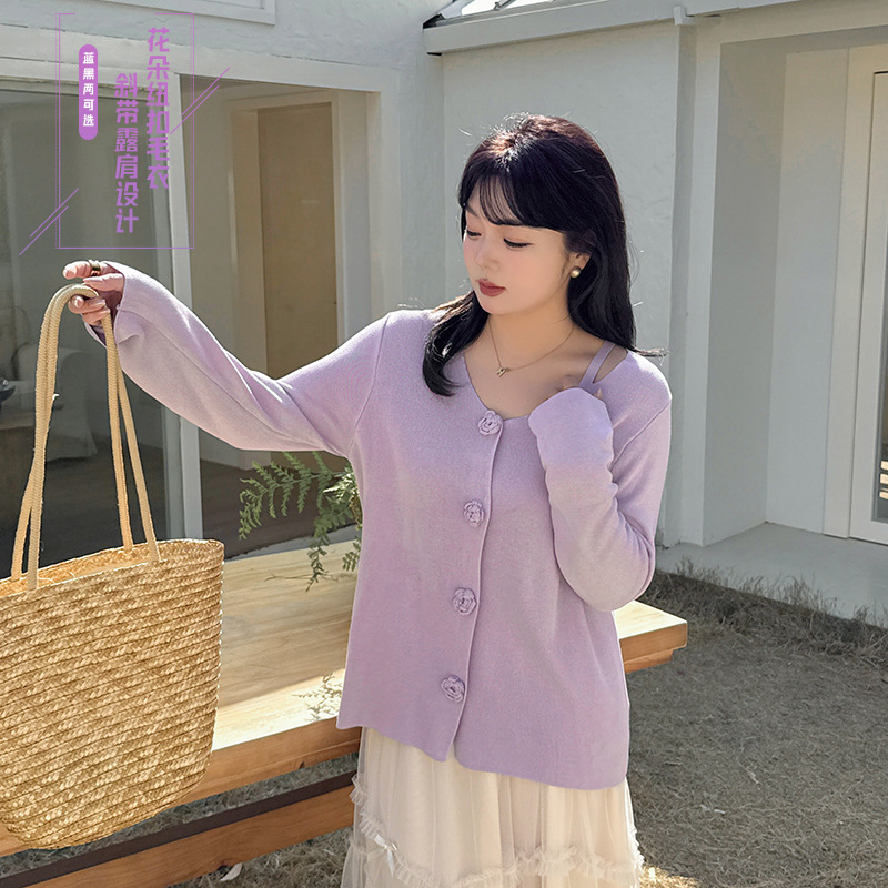 小波家2025秋季胖mm镂空花朵纽扣时尚减龄显瘦毛衣外套