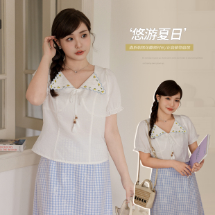 撞色刺绣绑带翻领小衫 胖mm法式 小波家2026夏季 显瘦衬衫 清仓
