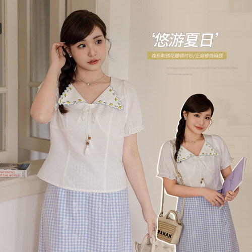 【清仓】小波家2026夏季胖mm法式撞色刺绣绑带翻领小衫显瘦衬衫