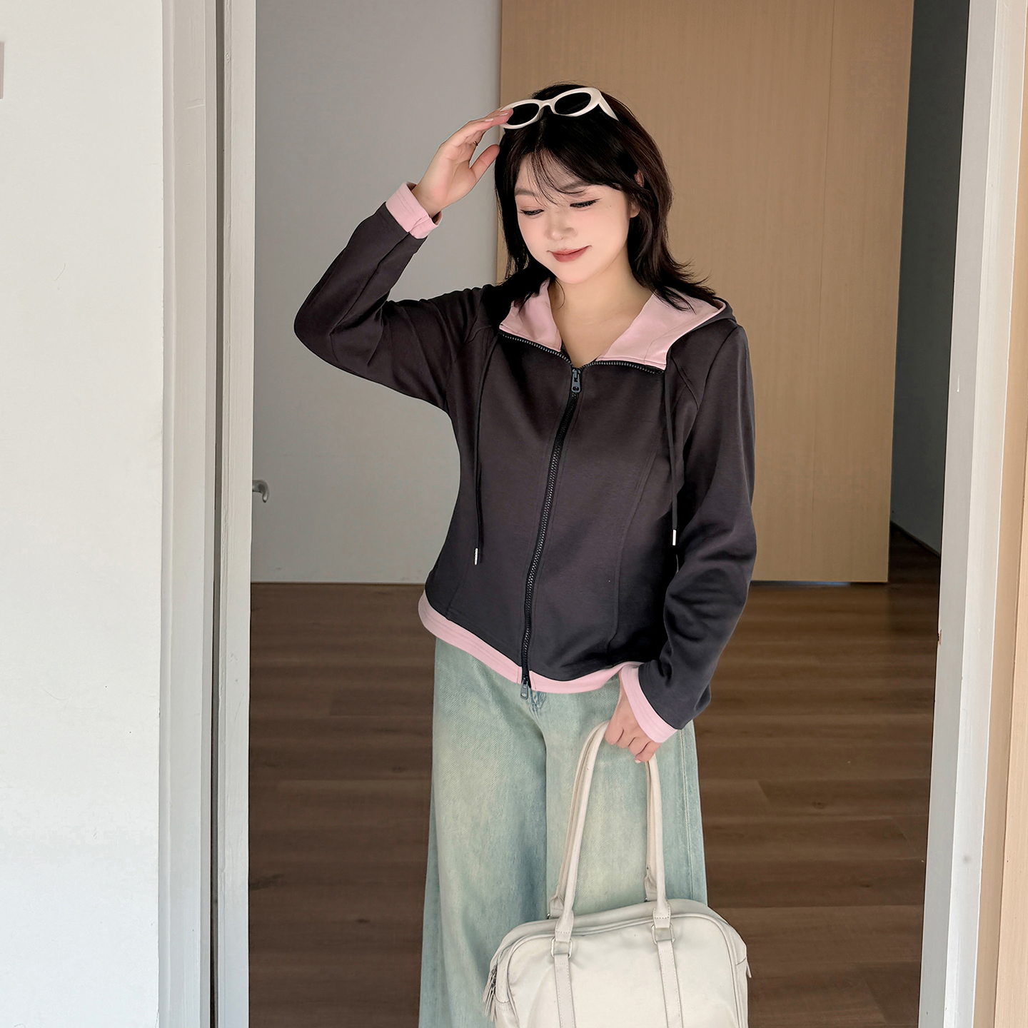 小波家2025秋季胖mm韩系慵懒撞色连帽卫衣外套修身上衣