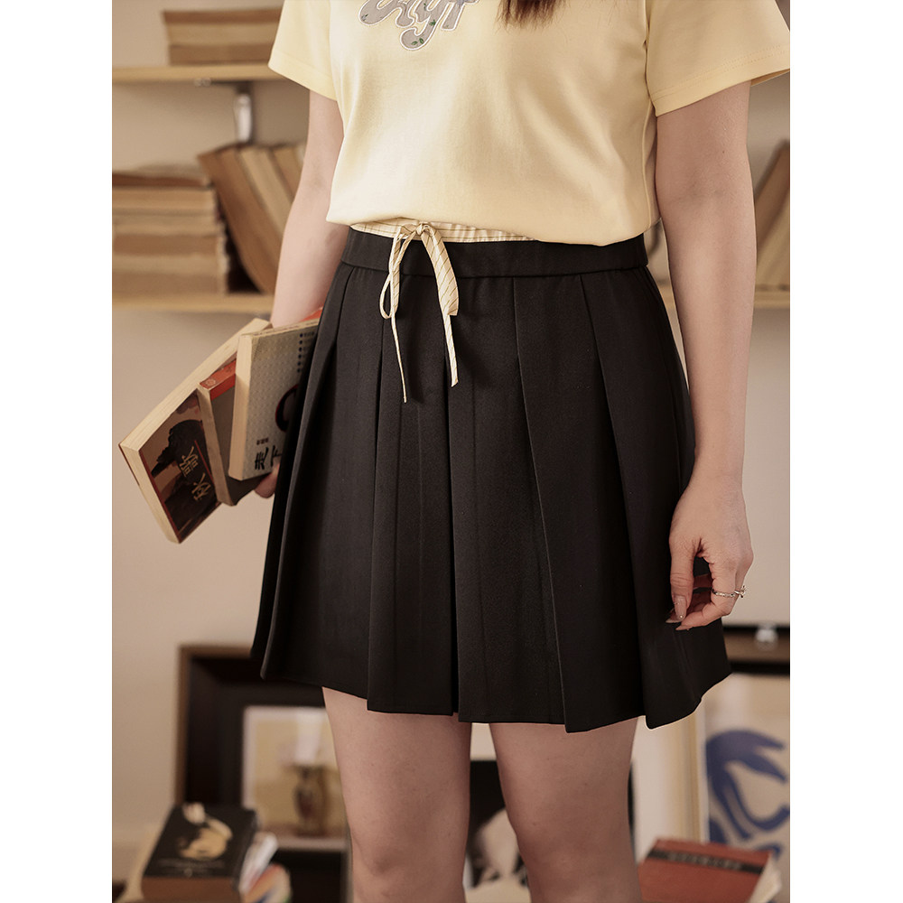 小波家2025秋季胖mm韩版撞色拼接抽绳百搭压褶百褶裙,女装/女士精品,大码半身裙,淘宝优惠券,粉丝福利购,淘宝优惠卷