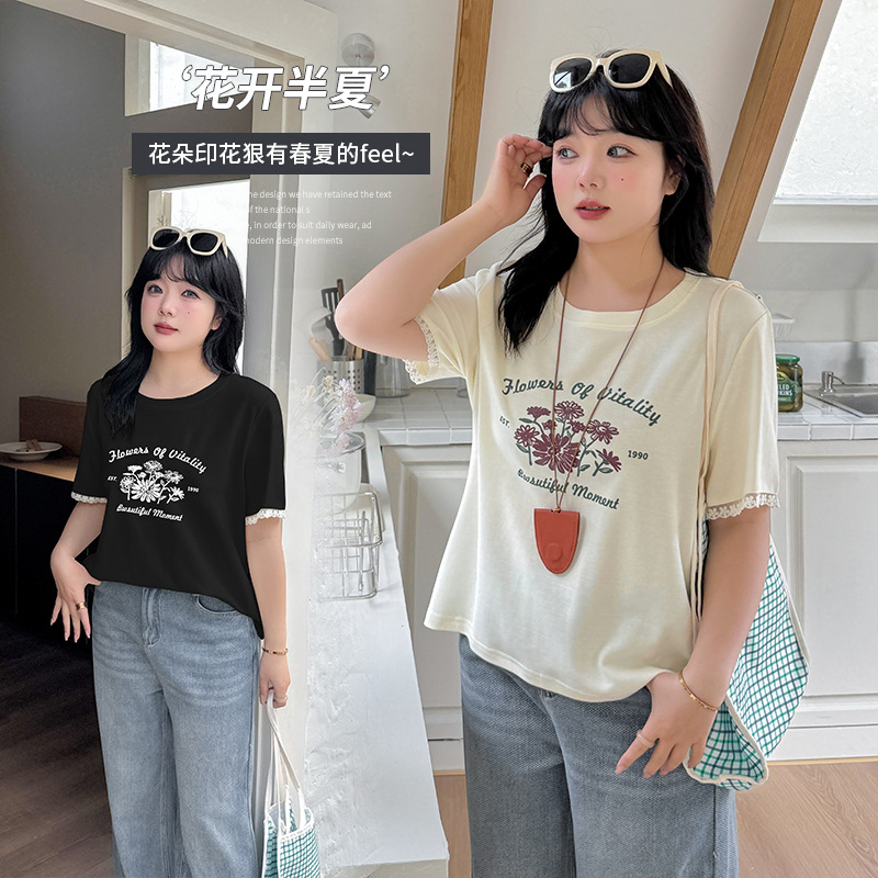 小波家2025夏季胖mm花朵印花圆领T恤拼接蕾丝宽松上衣