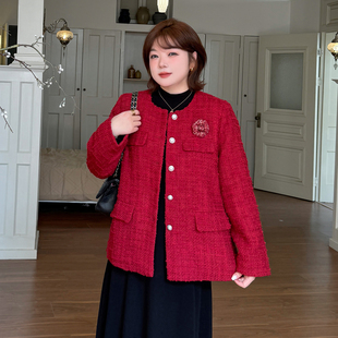 1.4日新品 胖mm洋气山茶花胸针小香粗呢外套保暖 小波家2026春季