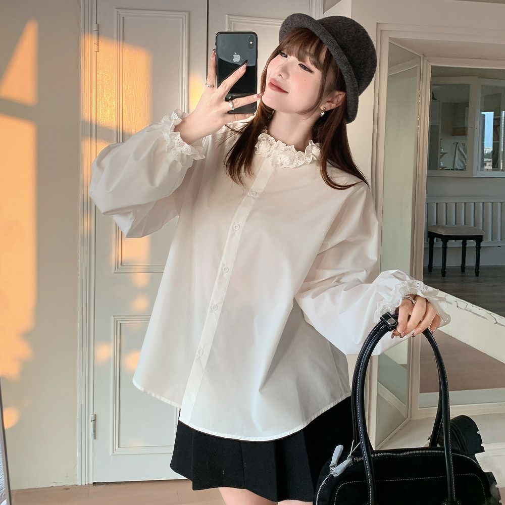 小波家2025秋装新品胖mm重工玫瑰花边领白色长袖衬衫上衣百搭衬衣,女装/女士精品,大码内搭,淘宝优惠券,粉丝福利购,淘宝优惠卷