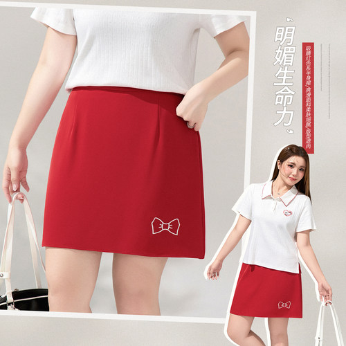 胖mm韩系蝴蝶结刺绣A字遮肚短裙