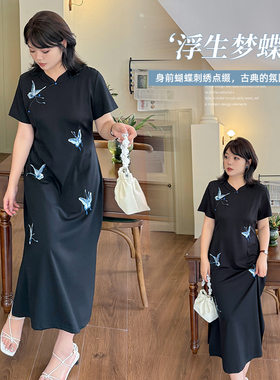 小波家2026夏季胖mm新中式复古立领蝴蝶黑色旗袍收腰