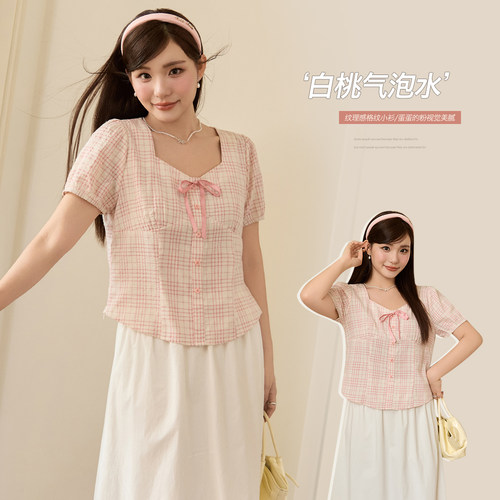 小波家2026夏季胖m法式甜美撞色格子蝴蝶结绑带方领上衣