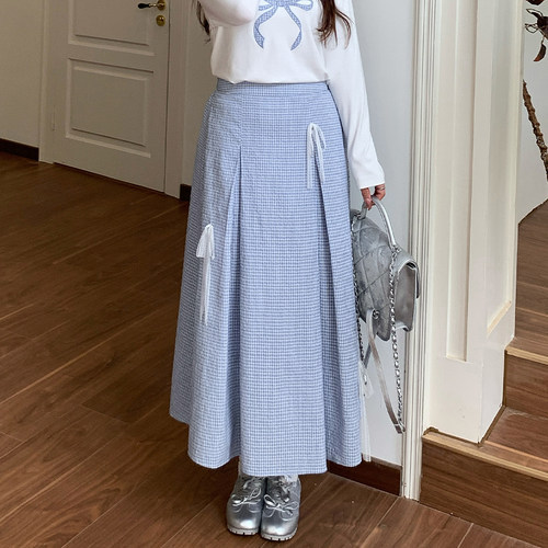 【清仓】小波家2026春季胖mm法式温柔格子蝴蝶结设计感半身裙