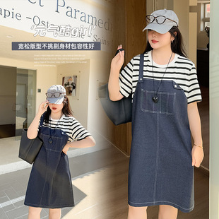 小波家2025夏季胖mm条纹拼接假两件背带裙学院派连衣裙