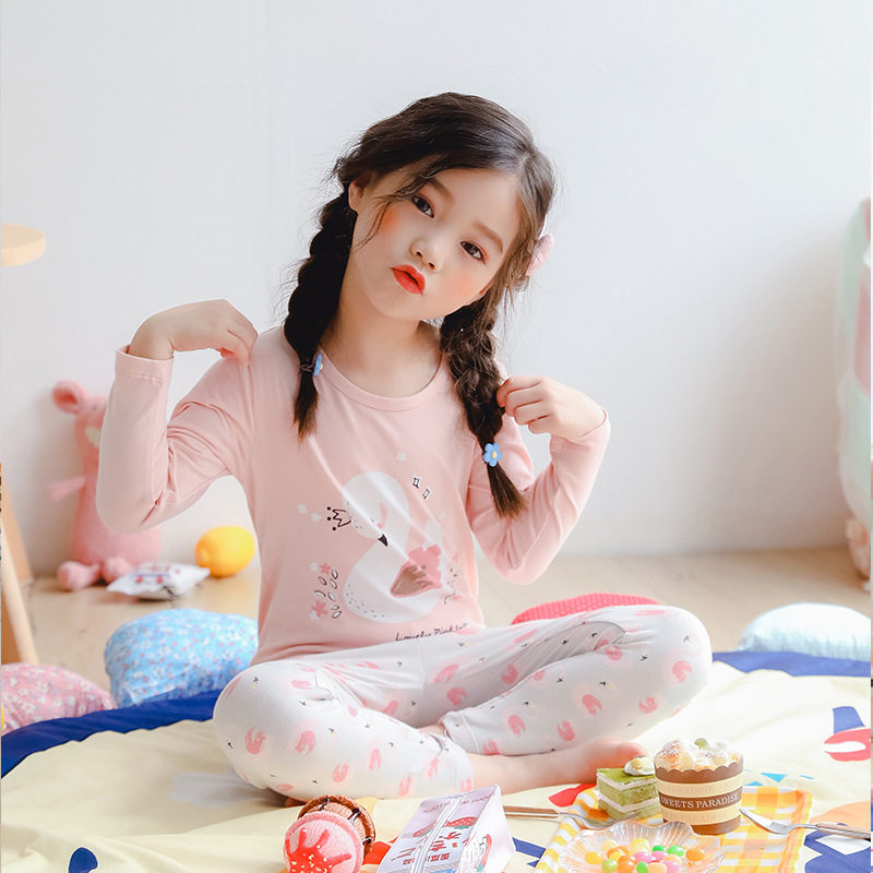 儿童莱卡棉家居服小女童秋衣秋裤内衣套装女宝宝纯棉天鹅薄款睡衣