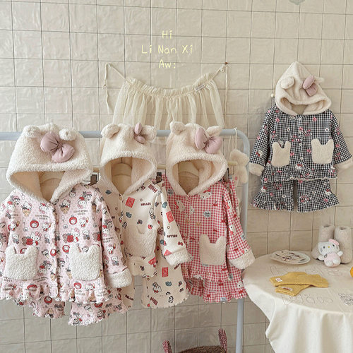 厚绒保暖 女童冬季睡衣套装新女宝加绒加厚套装中小童睡衣居家服