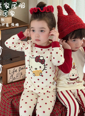 2025秋冬儿童A类家居服套装纯棉保暖宝宝秋衣秋裤 男女童红色睡衣
