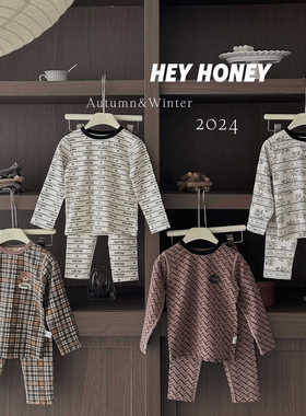 2024春秋新款羊毛拉架女童纯棉熊猫图案睡衣套装家居服男童加厚