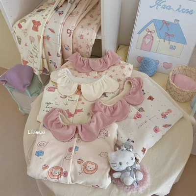 牛奶绒 女童冬季睡衣套装25新款女宝家居服加绒套装舒适花边甜美