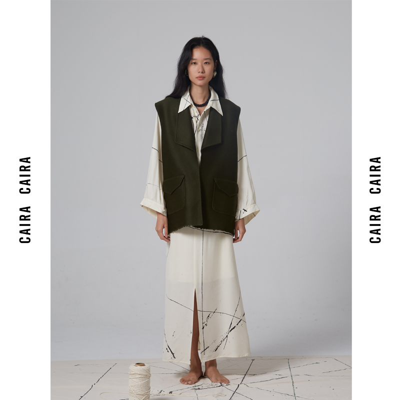 祖母绿紫貂工艺双面呢马甲caira